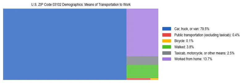 Treemap showing means of transportation to work distribution in US ZIP Code 03102.