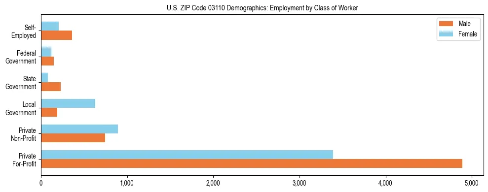 Horizontal bar chart showing employment distribution by class of worker and gender in US ZIP Code 03110, based on 2023 ACS data.