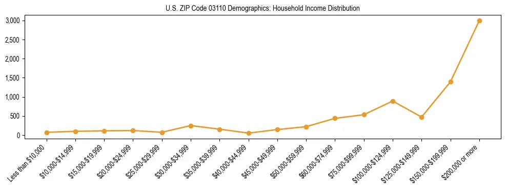 Horizontal bar chart showing household income distribution in US ZIP Code 03110.