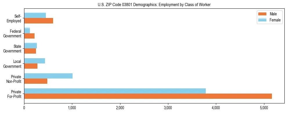 Horizontal bar chart showing employment distribution by class of worker and gender in US ZIP Code 03801, based on 2023 ACS data.
