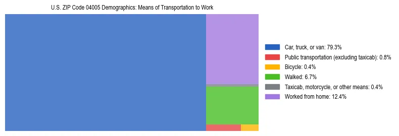 Treemap chart illustrating how workers in US ZIP Code 04005 commute to work based on 2023 ACS data.