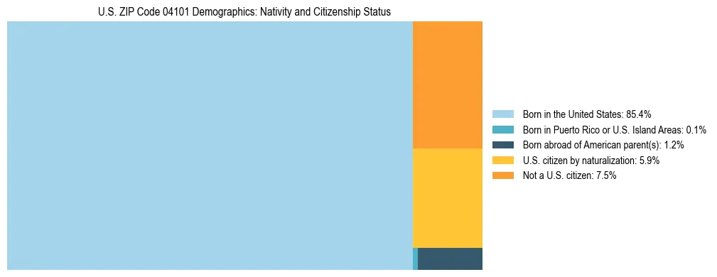 Treemap showing population distribution by nativity and citizenship status in US ZIP Code 04101 based on 2023 ACS data.