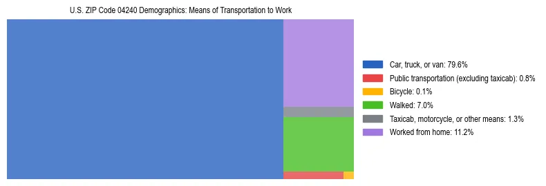 Treemap chart illustrating how workers in US ZIP Code 04240 commute to work based on 2023 ACS data.
