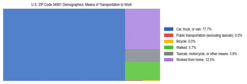 Treemap chart illustrating how workers in US ZIP Code 04901 commute to work based on 2023 ACS data.