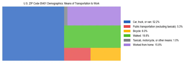 Treemap showing means of transportation to work distribution in US ZIP Code 05401.