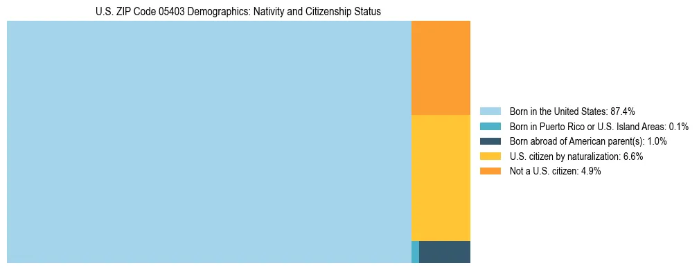 Treemap showing the population distribution by nativity and citizenship status in US ZIP Code 05403 based on U.S. Census data.