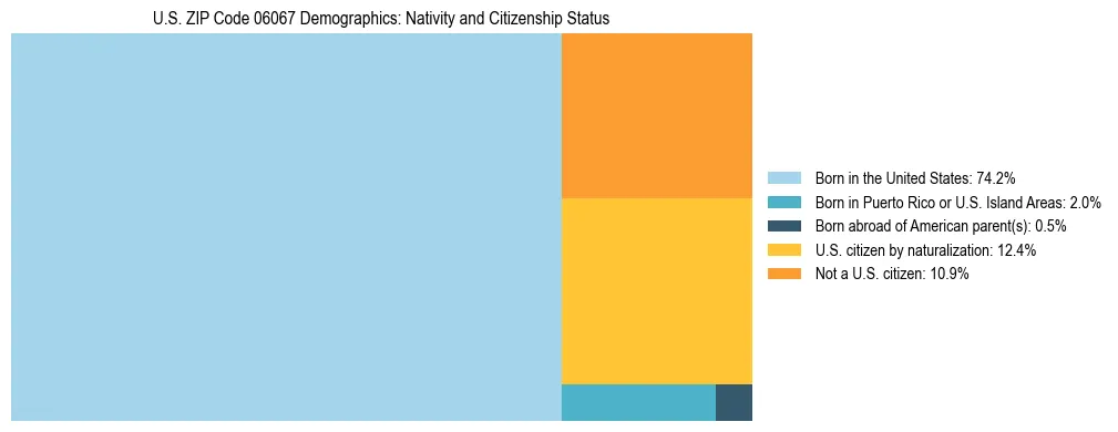 Treemap showing the population distribution by nativity and citizenship status in US ZIP Code 06067 based on U.S. Census data.