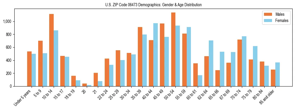 Bar chart showing the population distribution of US ZIP Code 06473 by age group and gender, based on 2023 ACS data.