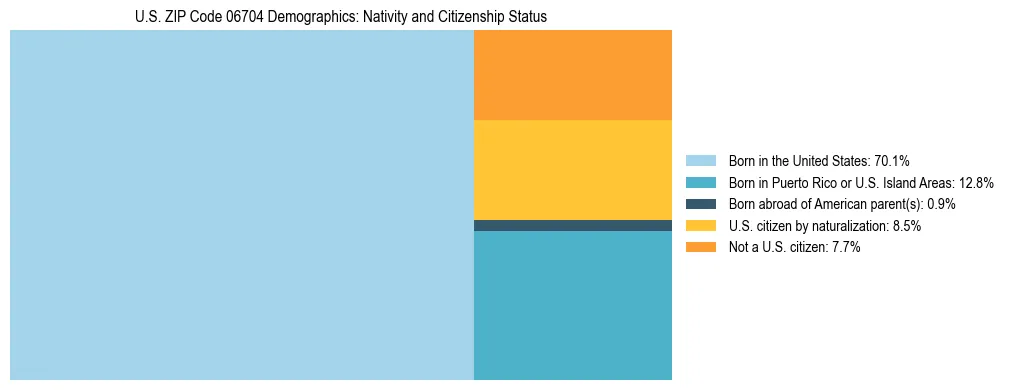 Treemap showing the population distribution by nativity and citizenship status in US ZIP Code 06704 based on U.S. Census data.