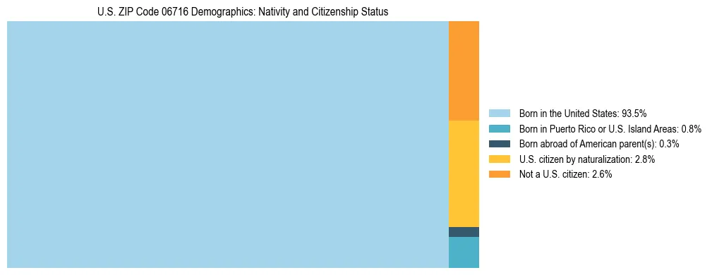 Treemap showing the population distribution by nativity and citizenship status in US ZIP Code 06716 based on U.S. Census data.