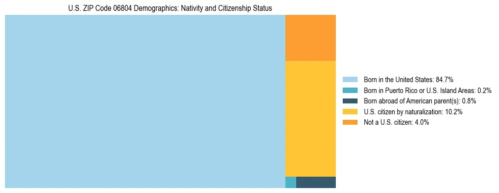 Treemap showing the population distribution by nativity and citizenship status in US ZIP Code 06804 based on U.S. Census data.