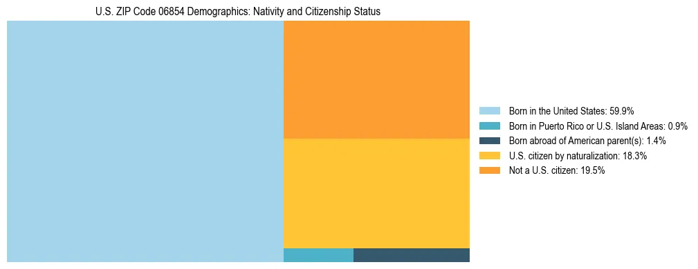 Treemap showing the population distribution by nativity and citizenship status in US ZIP Code 06854 based on U.S. Census data.