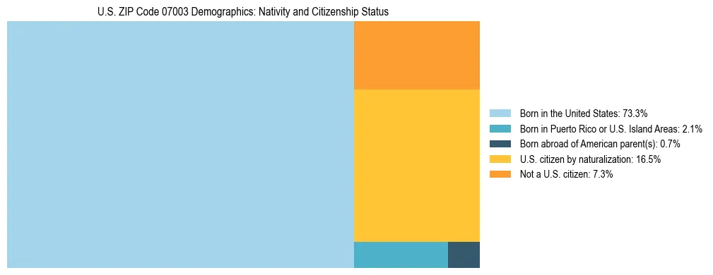 Treemap showing the population distribution by nativity and citizenship status in US ZIP Code 07003 based on U.S. Census data.