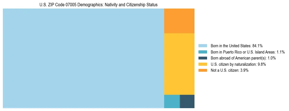 Treemap showing the population distribution by nativity and citizenship status in US ZIP Code 07005 based on U.S. Census data.