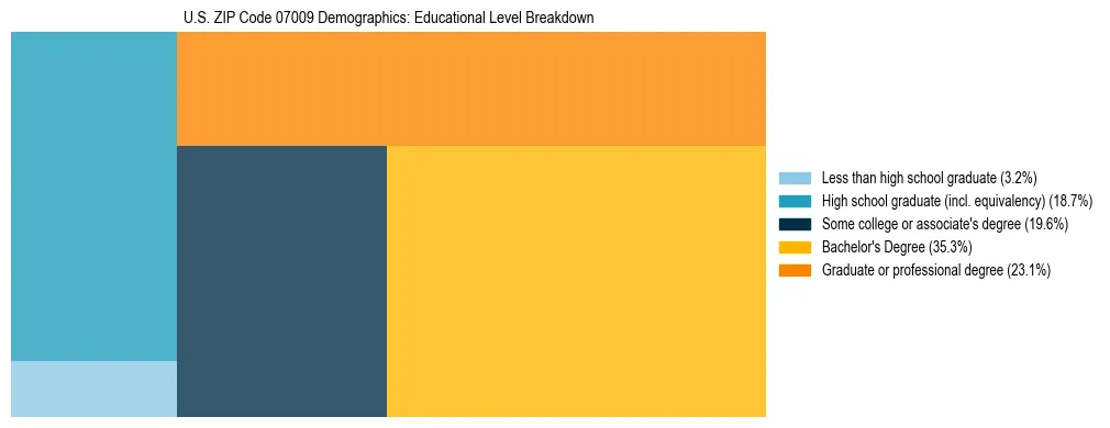 Treemap chart illustrating the educational attainment breakdown for population 25 years and over in US ZIP Code 07009.