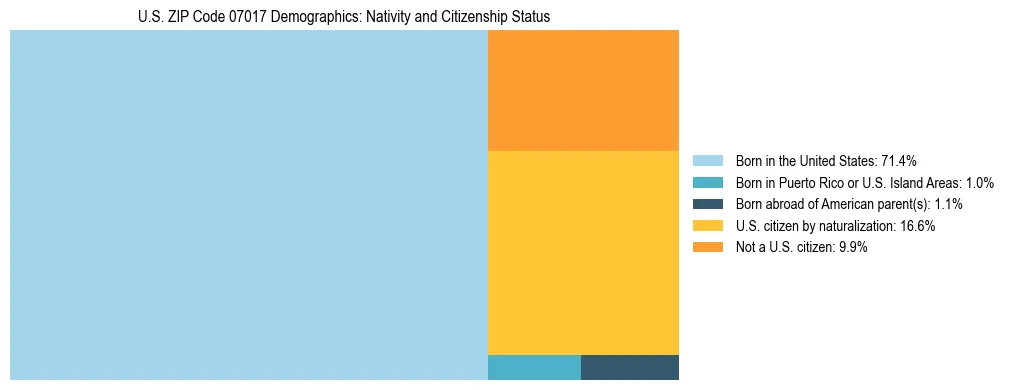 Treemap showing the population distribution by nativity and citizenship status in US ZIP Code 07017 based on U.S. Census data.