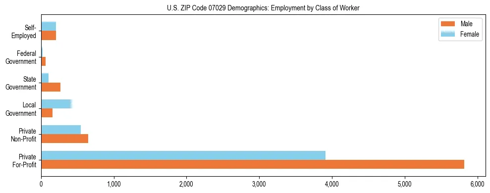 Horizontal bar chart showing employment distribution by class of worker and gender in US ZIP Code 07029, based on 2023 ACS data.