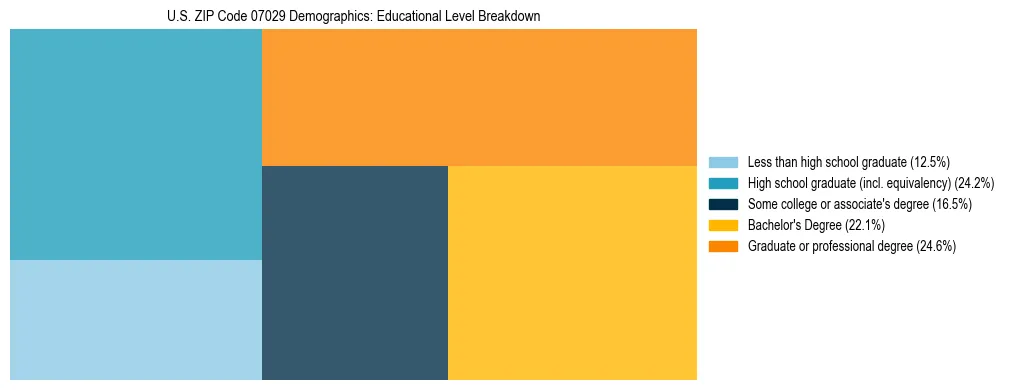 Treemap chart illustrating the educational attainment breakdown for population 25 years and over in US ZIP Code 07029.
