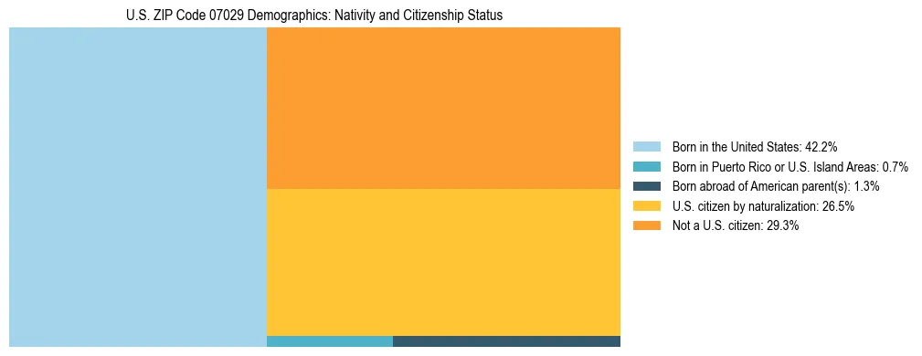 Treemap showing the population distribution by nativity and citizenship status in US ZIP Code 07029 based on U.S. Census data.
