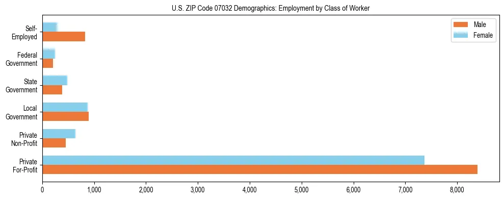 Horizontal bar chart showing employment distribution by class of worker and gender in US ZIP Code 07032, based on 2023 ACS data.