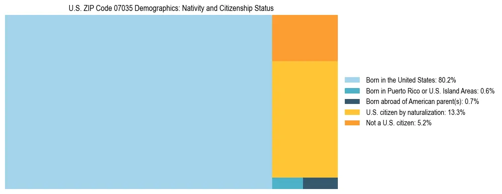 Treemap showing the population distribution by nativity and citizenship status in US ZIP Code 07035 based on U.S. Census data.