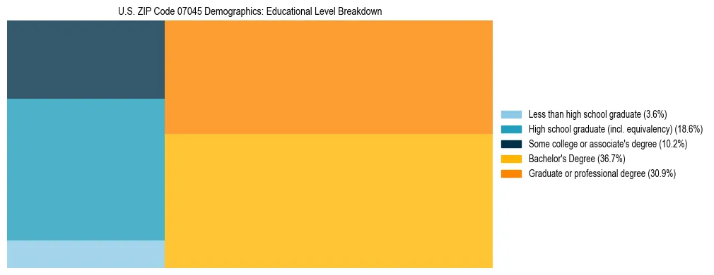 Treemap chart illustrating the educational attainment breakdown for population 25 years and over in US ZIP Code 07045.