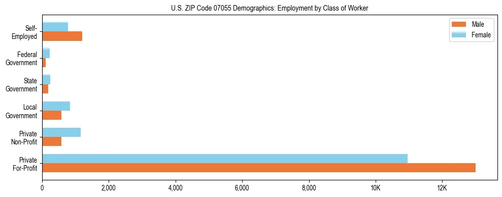 Horizontal bar chart showing employment distribution by class of worker and gender in US ZIP Code 07055, based on 2023 ACS data.
