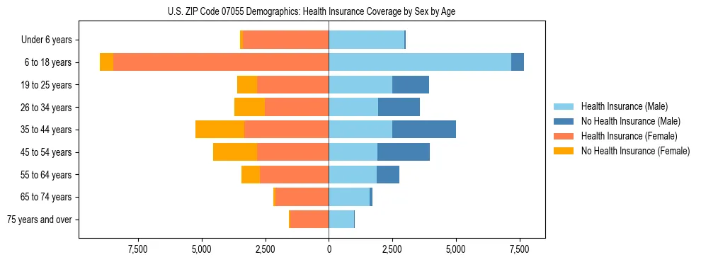 Pyramid chart showing health insurance coverage by age and sex in US ZIP Code 07055.
