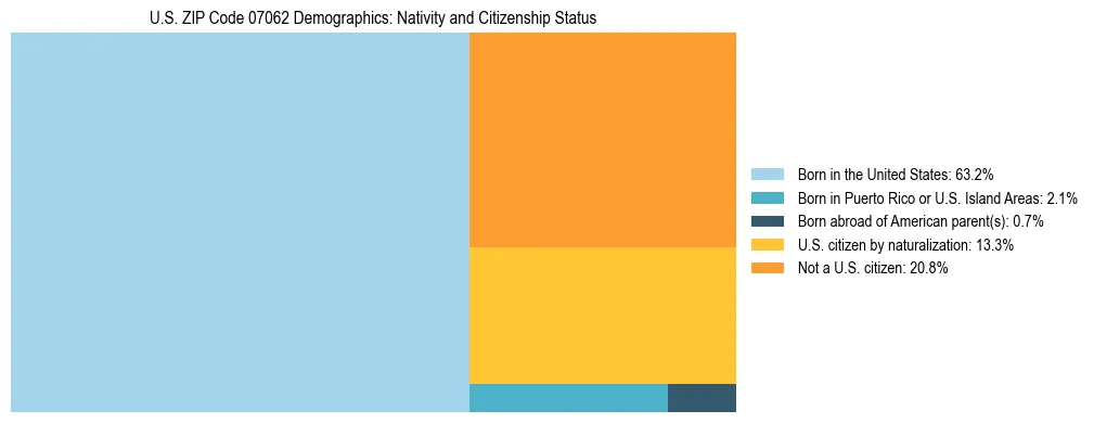 Treemap showing the population distribution by nativity and citizenship status in US ZIP Code 07062 based on U.S. Census data.