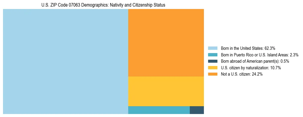 Treemap showing the population distribution by nativity and citizenship status in US ZIP Code 07063 based on U.S. Census data.