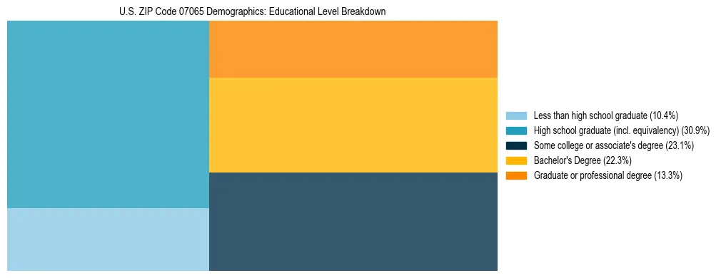 Treemap chart illustrating the educational attainment breakdown for population 25 years and over in US ZIP Code 07065.