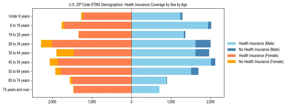 Pyramid chart showing health insurance coverage by age and sex in US ZIP Code 07065.