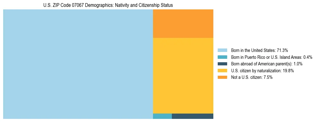 Treemap showing the population distribution by nativity and citizenship status in US ZIP Code 07067 based on U.S. Census data.