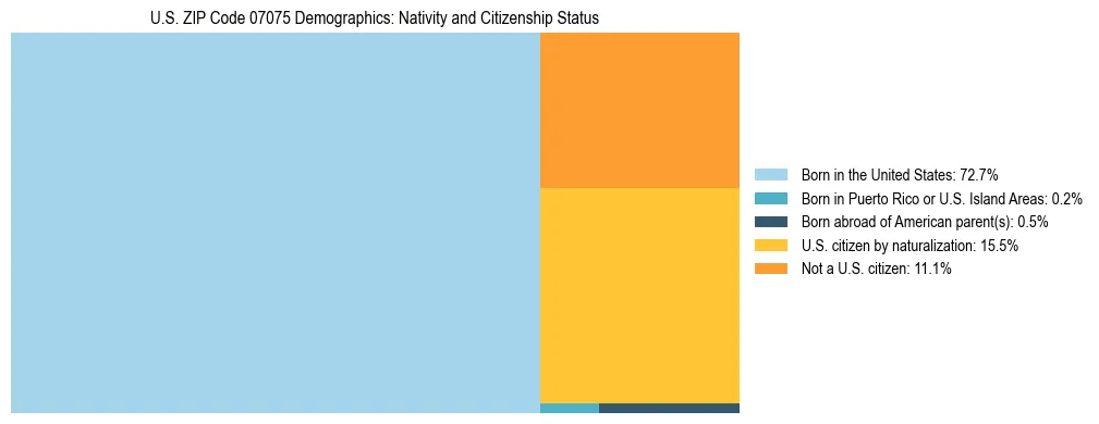 Treemap showing the population distribution by nativity and citizenship status in US ZIP Code 07075 based on U.S. Census data.