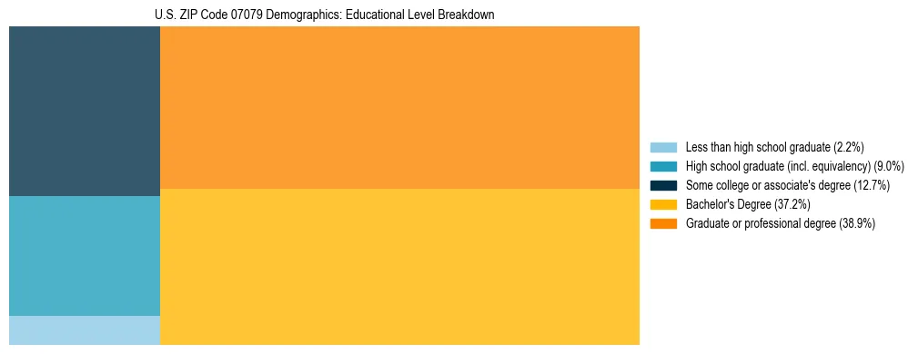 Treemap chart illustrating the educational attainment breakdown for population 25 years and over in US ZIP Code 07079.