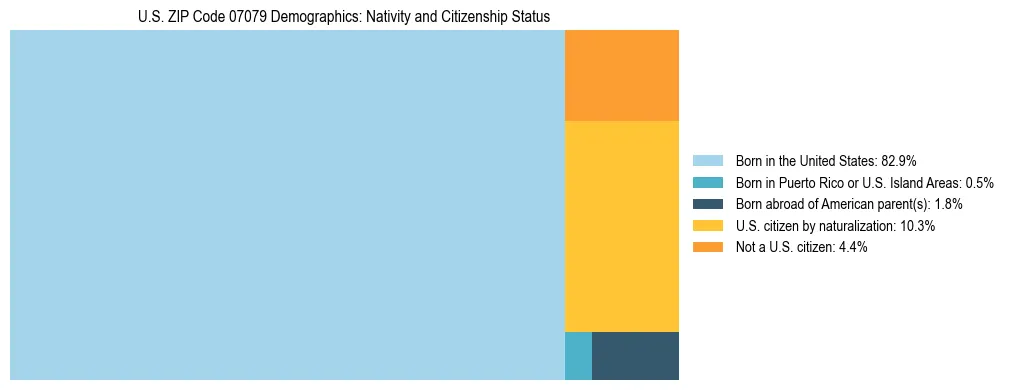 Treemap showing the population distribution by nativity and citizenship status in US ZIP Code 07079 based on U.S. Census data.