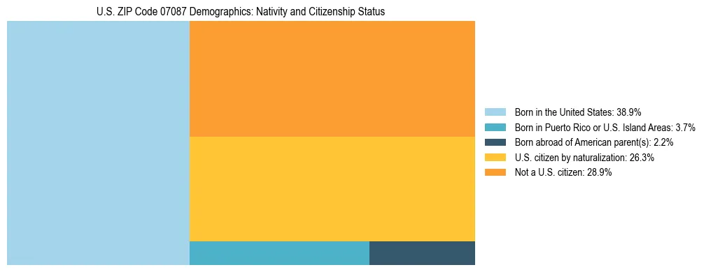 Treemap showing the population distribution by nativity and citizenship status in US ZIP Code 07087 based on U.S. Census data.