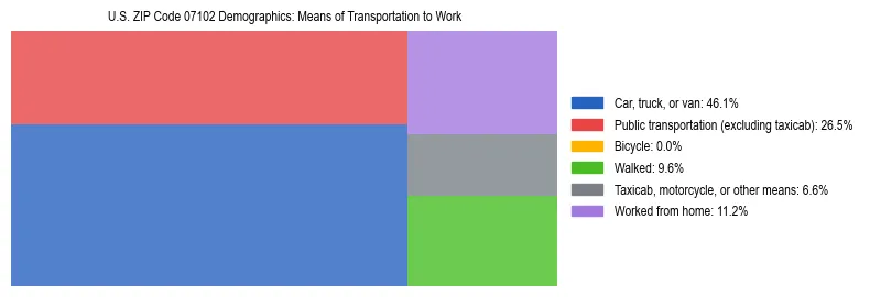Treemap showing means of transportation to work distribution in US ZIP Code 07102.