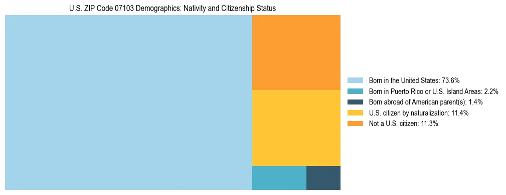 Treemap showing the population distribution by nativity and citizenship status in US ZIP Code 07103 based on U.S. Census data.