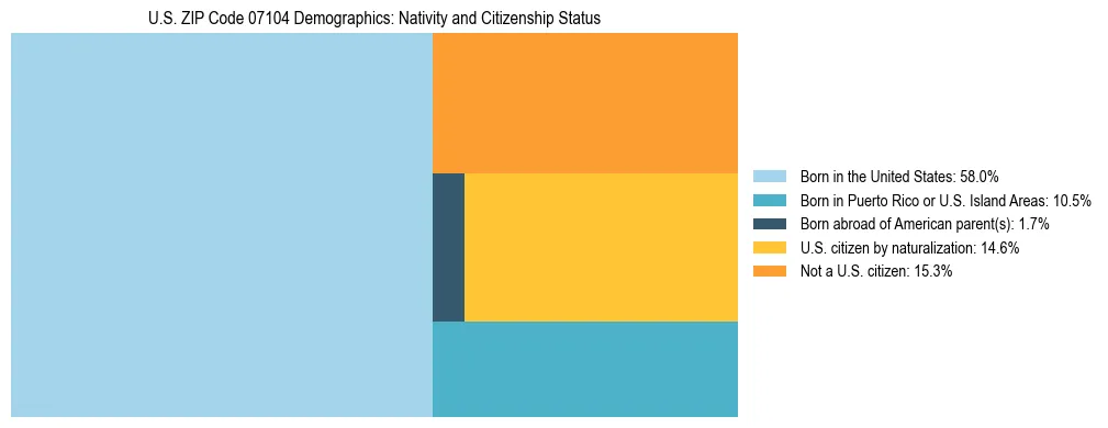 Treemap showing the population distribution by nativity and citizenship status in US ZIP Code 07104 based on U.S. Census data.