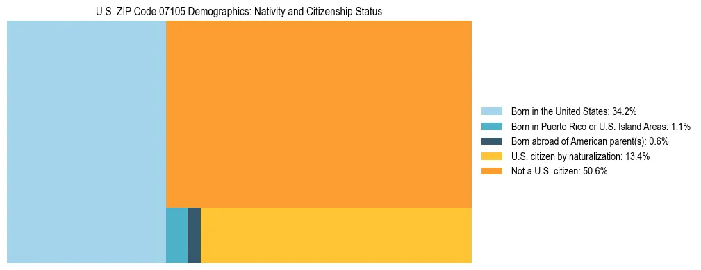 Treemap showing the population distribution by nativity and citizenship status in US ZIP Code 07105 based on U.S. Census data.