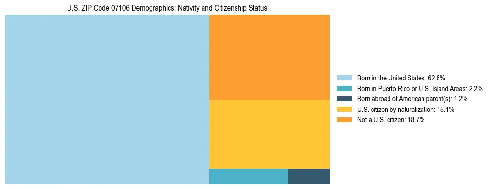 Treemap showing the population distribution by nativity and citizenship status in US ZIP Code 07106 based on U.S. Census data.
