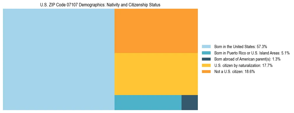 Treemap showing the population distribution by nativity and citizenship status in US ZIP Code 07107 based on U.S. Census data.