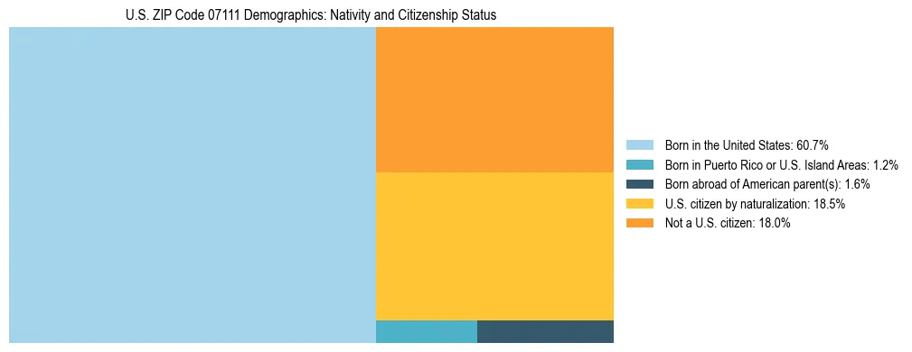 Treemap showing the population distribution by nativity and citizenship status in US ZIP Code 07111 based on U.S. Census data.