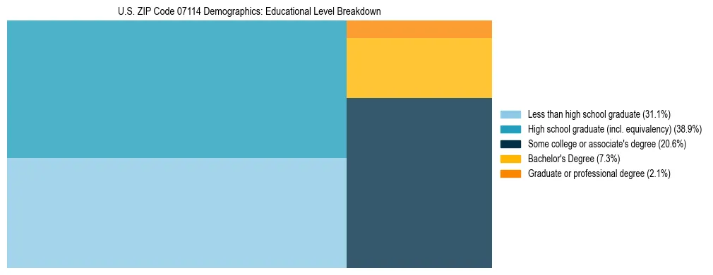 Treemap chart illustrating the educational attainment breakdown for population 25 years and over in US ZIP Code 07114.