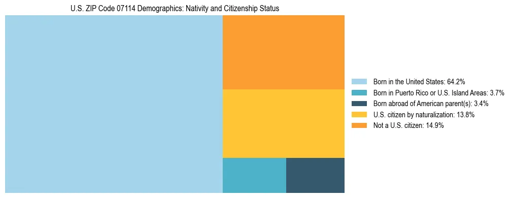 Treemap showing the population distribution by nativity and citizenship status in US ZIP Code 07114 based on U.S. Census data.