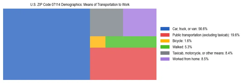 Treemap showing means of transportation to work distribution in US ZIP Code 07114.