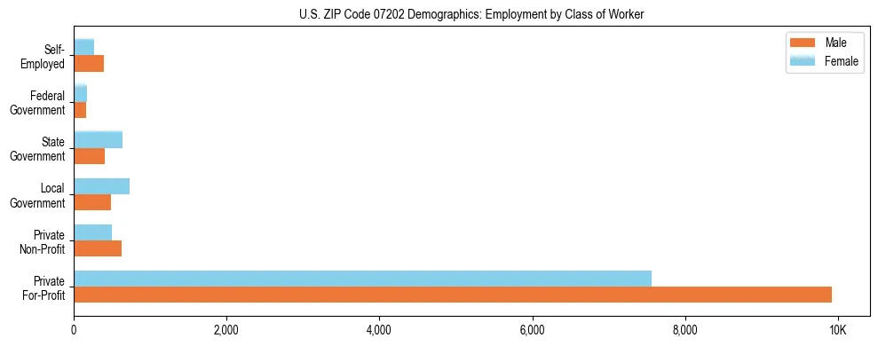 Horizontal bar chart showing employment distribution by class of worker and gender in US ZIP Code 07202, based on 2023 ACS data.