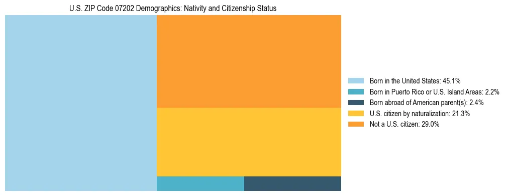 Treemap showing the population distribution by nativity and citizenship status in US ZIP Code 07202 based on U.S. Census data.