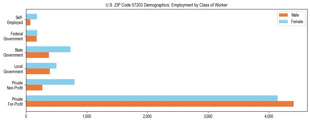 Horizontal bar chart showing employment distribution by class of worker and gender in US ZIP Code 07203, based on 2023 ACS data.
